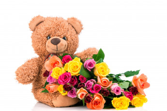 Картинка цветы розы букет разноцветный медвежонок