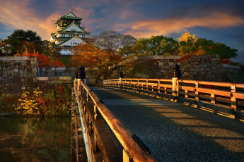 Картинка osaka+catle города осака+ Япония река мост замок