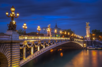 Картинка pont+alexandre+iii города париж+ франция ночь река мост огни