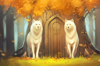 обоя gaudibuendia, рисованное, животные,  волки, лес, белые, волки, дерево, древо, дверь