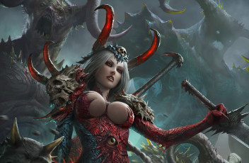 Картинка фэнтези демоны девушка демон рога меч черепа взгляд грудь