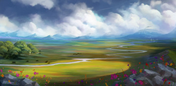 Картинка рисованное природа птицы пейзаж облака цветы река