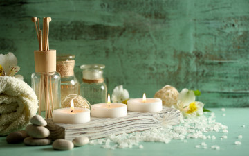 Картинка разное косметические+средства +духи полотенце камни масло соль свечи спа