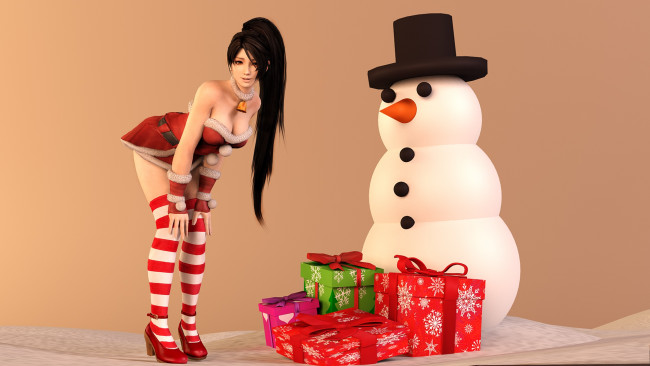 Обои картинки фото 3д графика, праздники , holidays, девушка, взгляд, фон, снеговик, подарки