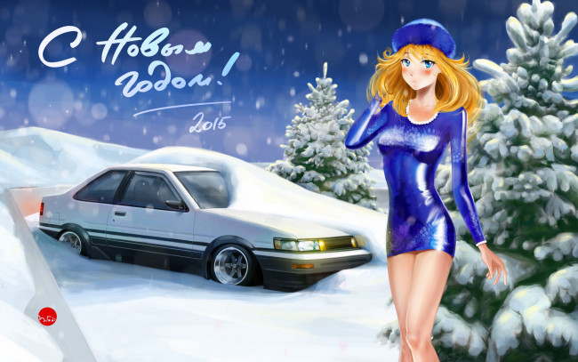 Обои картинки фото праздничные, векторная графика , новый год, девушка, toyota, corolla, levin, ae86, тойота, снег