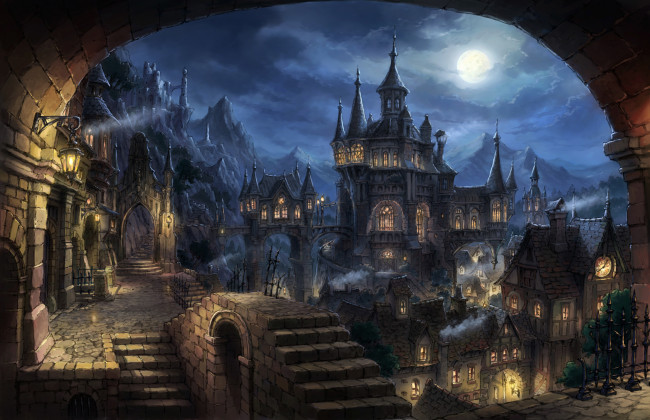 Обои картинки фото фэнтези, замки, замок, ночь, горы, полная, луна