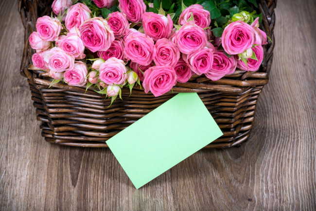 Обои картинки фото цветы, розы, записка, корзинка