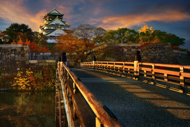 Обои картинки фото osaka catle, города, осака , Япония, река, мост, замок