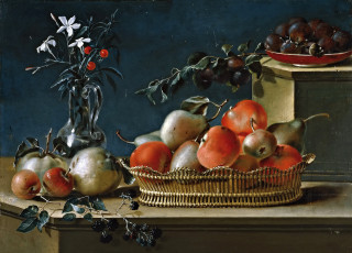 Картинка рисованное живопись jose ferrer натюрморт с фруктами и стеклянной вазой картина яблоки груша ягоды корзинка