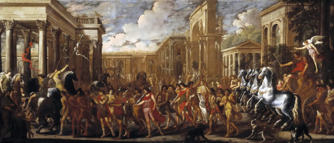Обои картинки фото viviano codazzi, рисованное, живопись, картина, триумфальный, въезд, веспасиана, в, рим, город, триумф