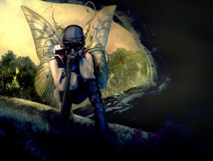 Картинка фэнтези фотоарт противогаз крылья фон девушка