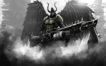 Картинка фэнтези демоны рога демон дым крылья оружие