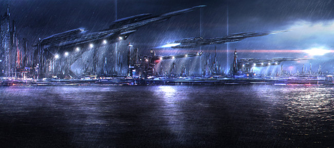 Обои картинки фото фэнтези, космические корабли,  звездолеты,  станции, город, дождь, ночь, space, dock, огни, море, порт