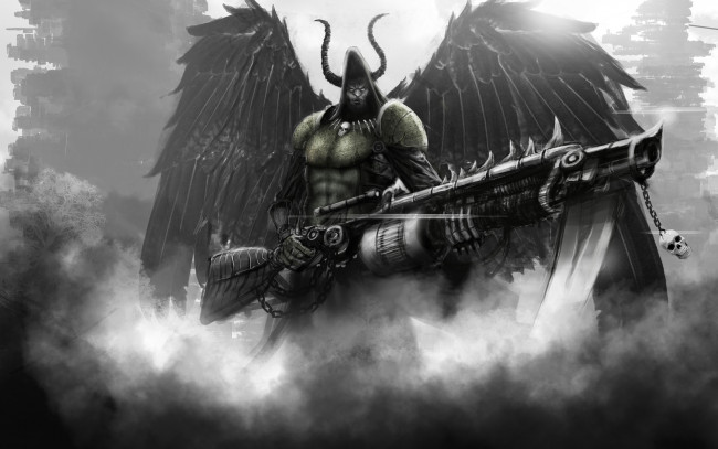 Обои картинки фото фэнтези, демоны, рога, демон, дым, крылья, оружие