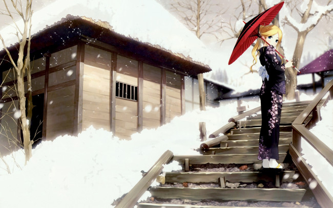 Обои картинки фото гейша, аниме, зима,  новый год,  рождество