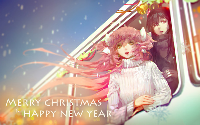 Обои картинки фото аниме, зима,  новый год,  рождество, девушки