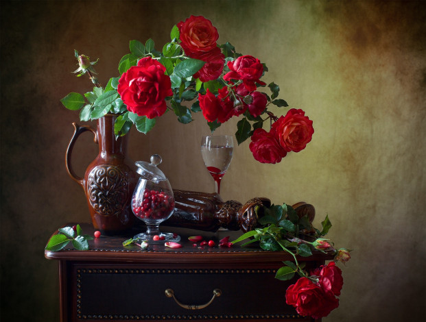 Обои картинки фото еда, натюрморт, розы, ягоды, клюква