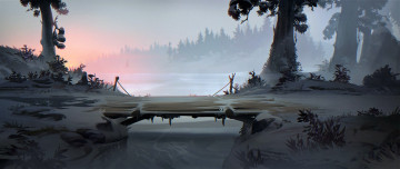 Картинка рисованное природа лес снег мостик речка