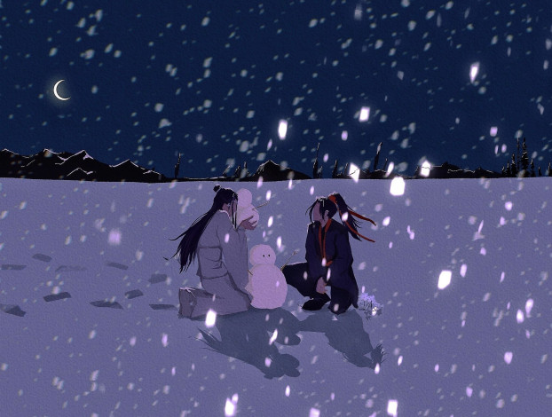 Обои картинки фото аниме, mo dao zu shi, вэй, усянь, лань, ванцзы, снег, снеговик