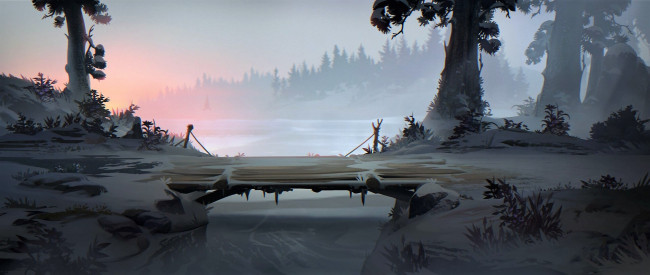 Обои картинки фото рисованное, природа, лес, снег, мостик, речка