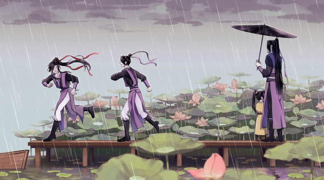 Обои картинки фото аниме, mo dao zu shi, цзянь, чэн, вэй, усянь, цзинь, лин, пристань, лотосы, дождь