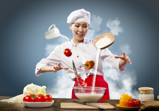 Картинка разное компьютерный дизайн повар девушка улыбка молоко яйца помидоры перчики
