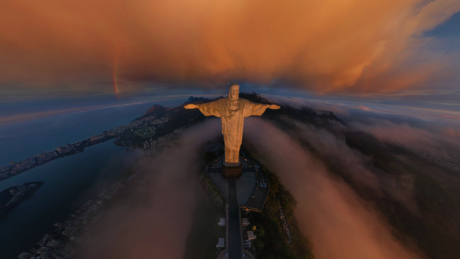 Обои картинки фото рио, де, жанейро, города, бразилия, панорама, облака, туман, статуя, христа