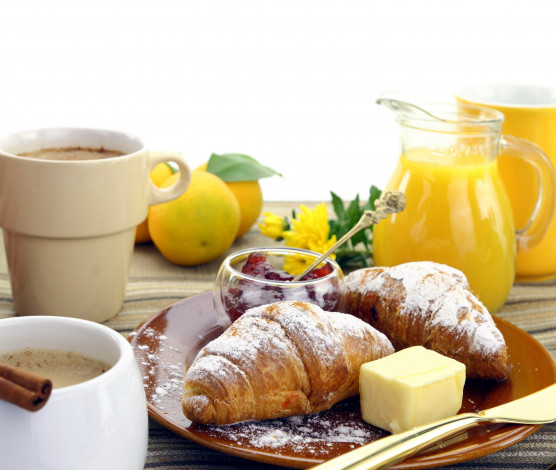 Обои картинки фото еда, разное, сок, лимоны, круассаны, кофе, джем
