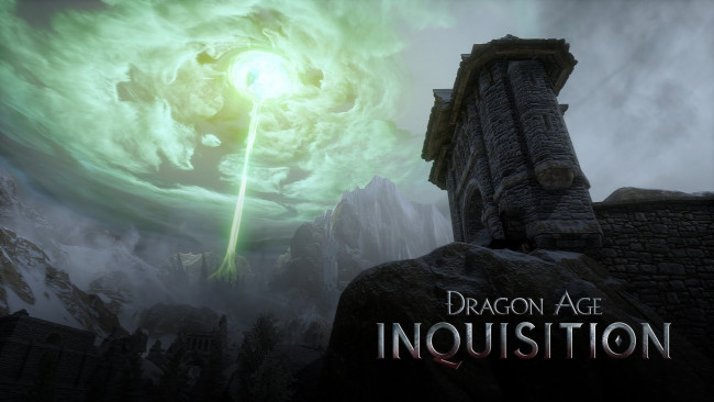 Обои картинки фото видео игры, dragon age iii,  inquisition, небо, тучи, магия, скалы, горы, dragon, age, inquisition, луч, замок