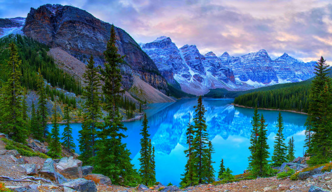 Обои картинки фото природа, пейзажи, озеро, kanada, park, banff, lake, moraine, ели, горы, парк