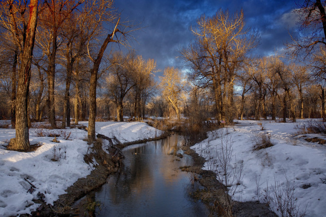 Обои картинки фото природа, реки, озера, зима, лес, река, тучи