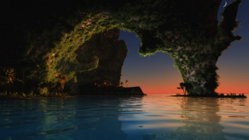 Картинка 3д+графика природа+ nature море пальмы луна ночь скала