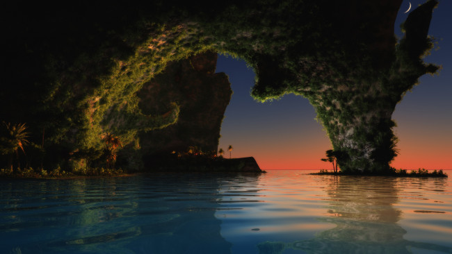 Обои картинки фото 3д графика, природа , nature, море, пальмы, луна, ночь, скала