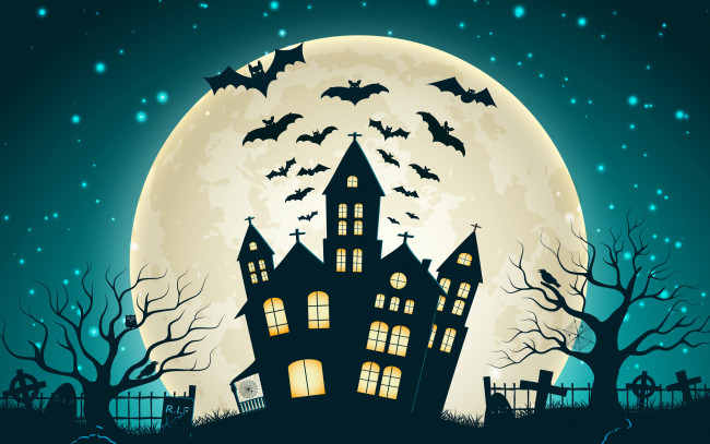 Обои картинки фото праздничные, хэллоуин, halloween, кладбище, дом, луна, мыши, ночь