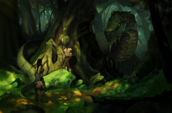 Картинка фэнтези драконы люди фон лес змей