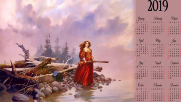 Картинка календари фэнтези водоем девушка оружие