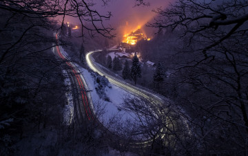 Картинка природа дороги ночь огни дорога