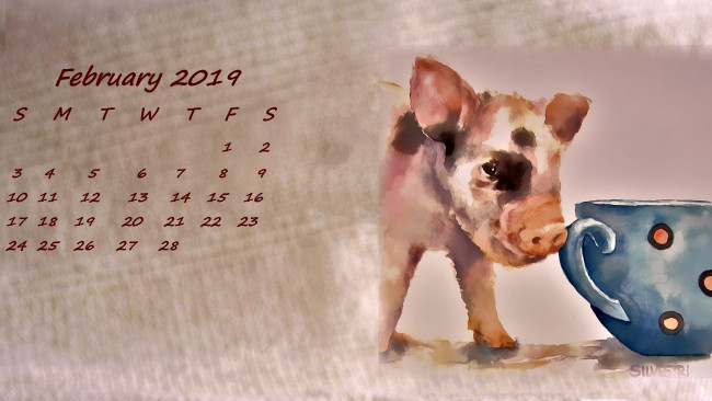 Обои картинки фото календари, рисованные,  векторная графика, поросенок, чашка, свинья, кружка