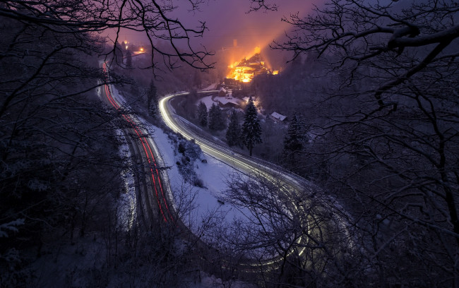 Обои картинки фото природа, дороги, ночь, огни, дорога