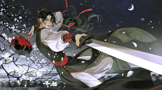 Обои картинки фото аниме, mo dao zu shi, вэй, усянь, кувшины, меч, крыша