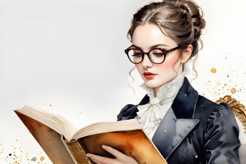 Картинка рисованное живопись девушка очки белый фон книга кляксы форма студентка ученица имитация живописи ии-арт нейросеть
