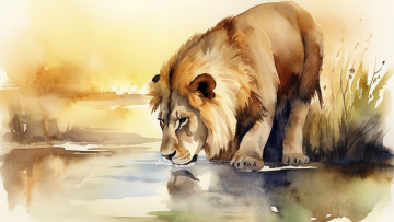 обоя рисованное, животные, лев, вода, природа