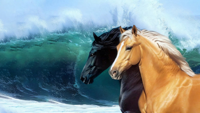 Обои картинки фото 295273 вариант 2, рисованное, животные,  лошади, лошади, волна, вода