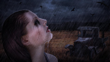 Картинка rainy day фэнтези девушки вороны поле дождь капли девушка голова машина