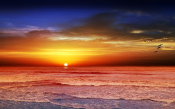Картинка природа восходы закаты океан багровый закат волны тучи