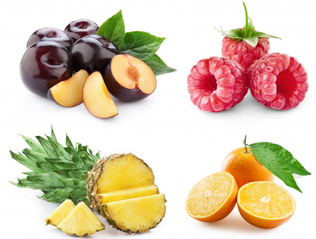 Обои картинки фото еда, фрукты, ягоды, ананас, сливы, персики, малина