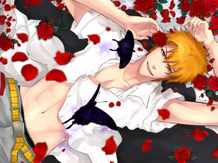 Картинка аниме bleach ичиго куросаки арт парень лежит сексуальный улыбка рыжий бабочки розы лепестки взгляд