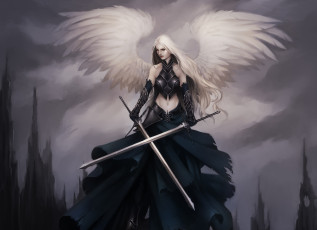 Картинка фэнтези ангелы броня скалы оружие крылья девушка ангел меч перья