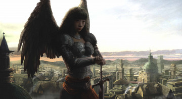 Картинка фэнтези ангелы облака небо город меч крылья ангел арт девушка