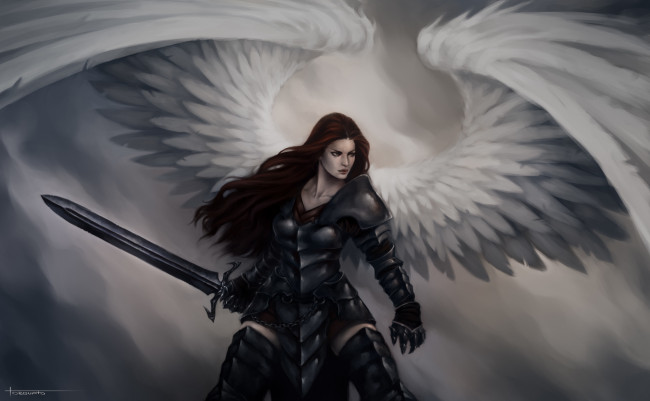 Обои картинки фото фэнтези, ангелы, ангел, крылья, меч, воин, доспехи, девушка